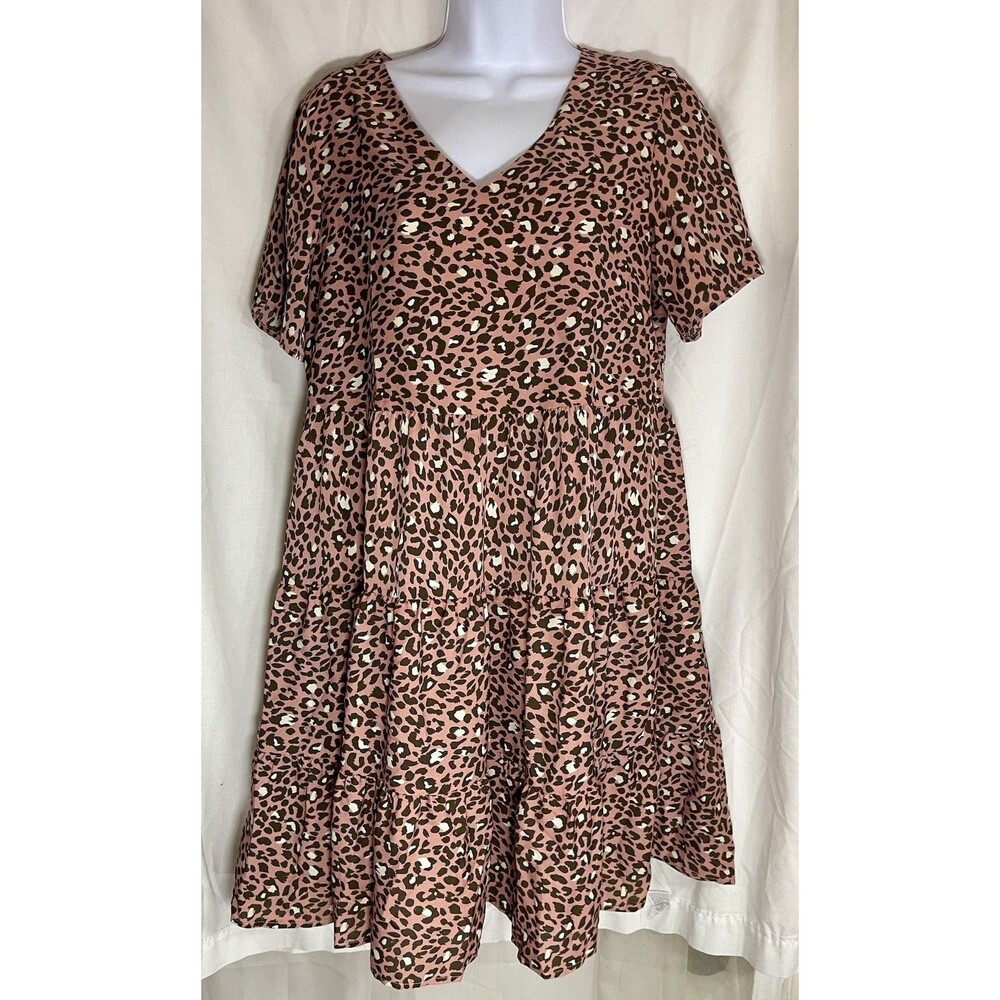 BTFBM Women's Leopard Print Tiered Mini Dress V-Neck Short Sleeve Pink Brown S